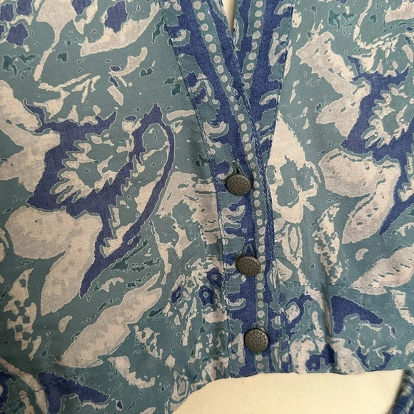 FREE PEOPLE Bohemian Mini Dress Silver Sun Cutout Blue Washed Pockets, Medium - Picture 12 of 16